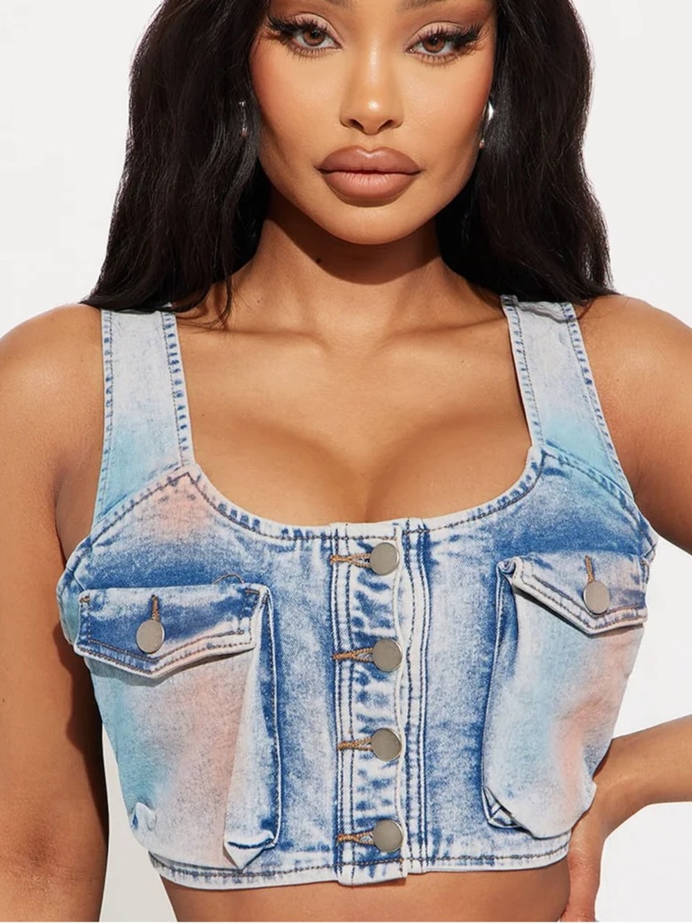 NWOT Fashion Nova Blue Acid Wash Denim Button Crop Top